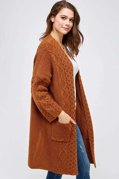 Allie Rose, Solid Mid Length Cable Knit Cardigan