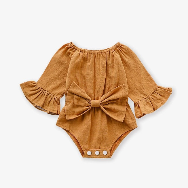 Long Sleeve Romper with Front Bowtie for Baby Girl