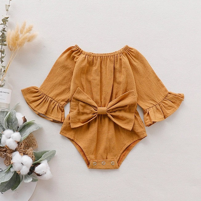 Long Sleeve Romper with Front Bowtie for Baby Girl