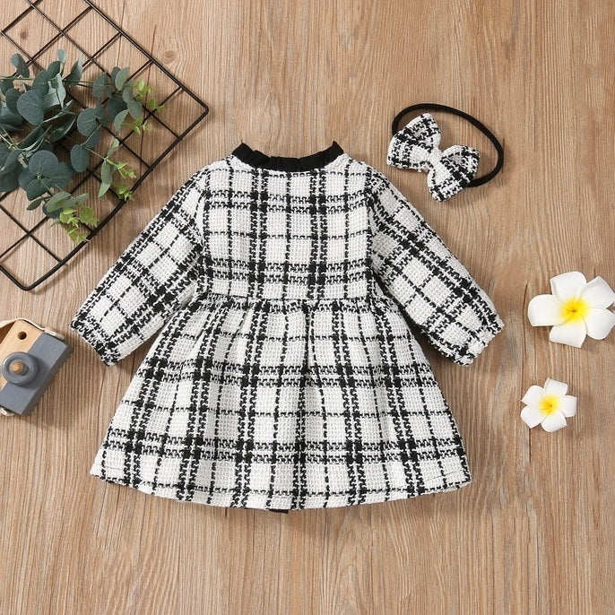 2-Piece Plaid Long Sleeve Double Breasted Baby Dress Headband Set