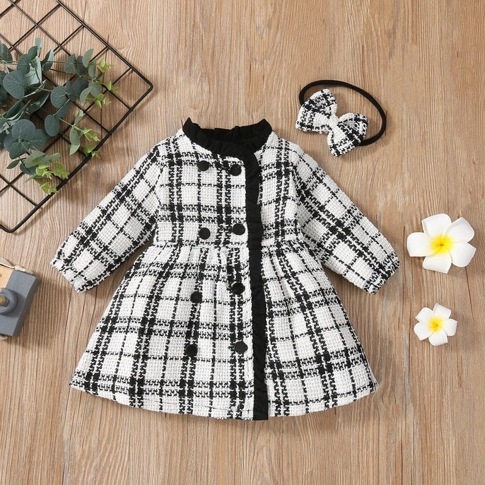 2-Piece Plaid Long Sleeve Double Breasted Baby Dress Headband Set