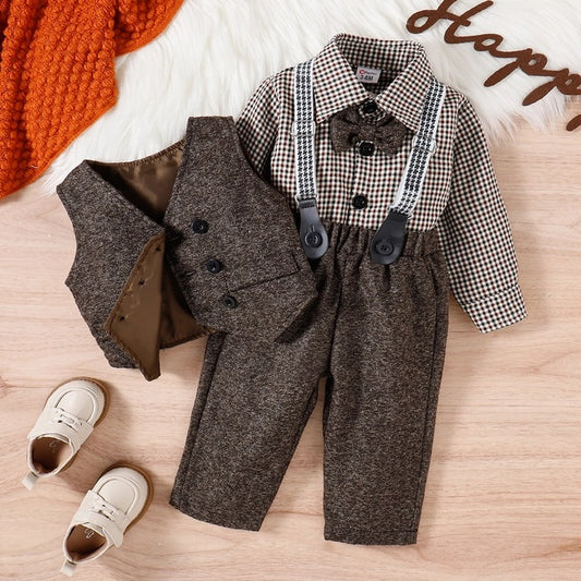 3-Piece Buttoned Vest Collar Shirt Suspender Pant Set For Baby Boy