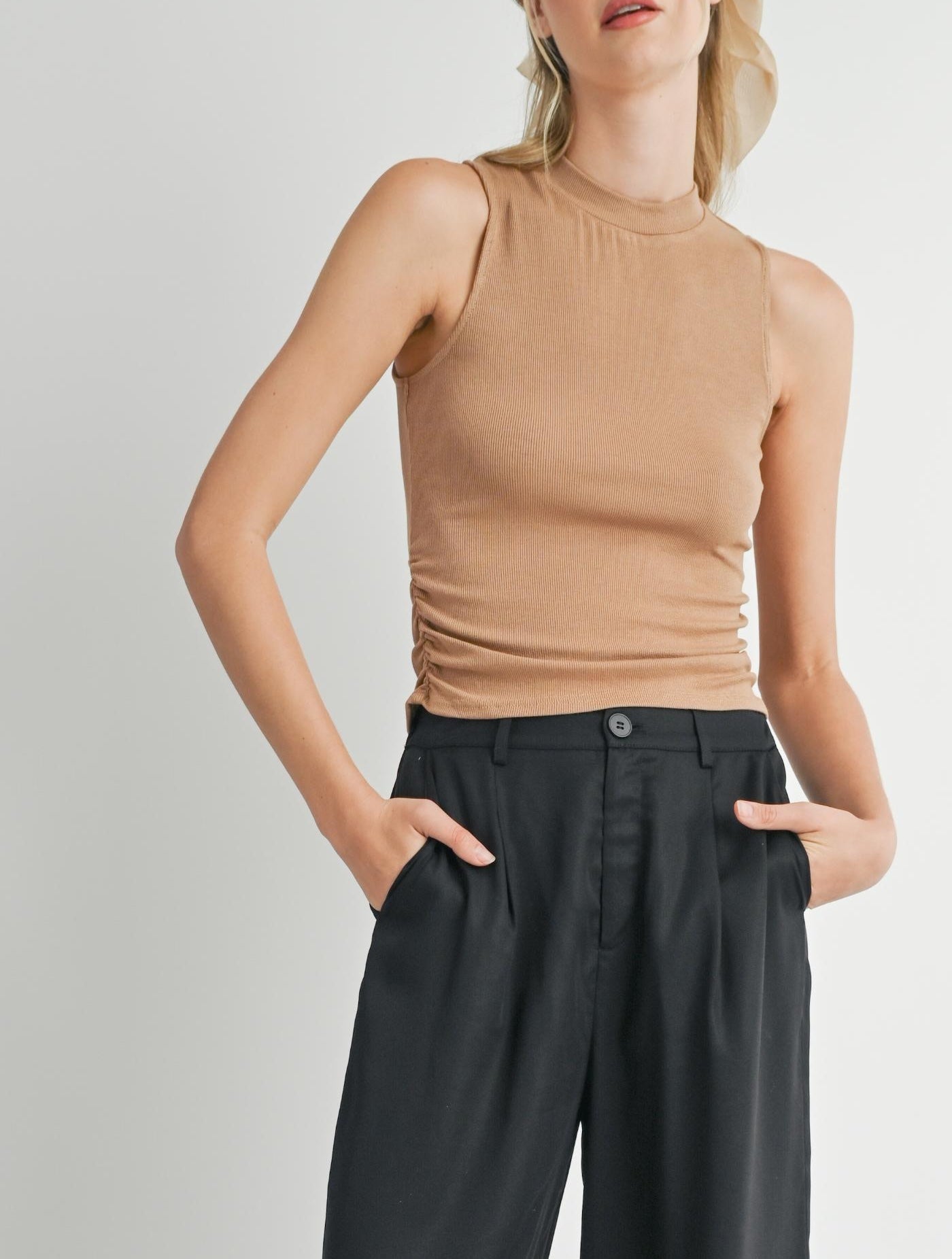 Sadie & Sage, Ronan Mock Neck Ruched Knit Tank in Dark Taupe - Boutique Dandelion