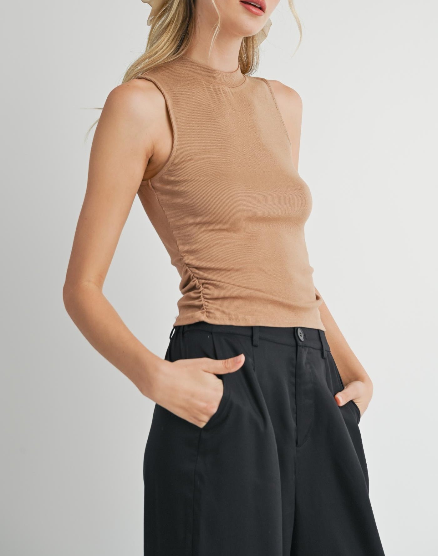 Sadie & Sage, Ronan Mock Neck Ruched Knit Tank in Dark Taupe - Boutique Dandelion