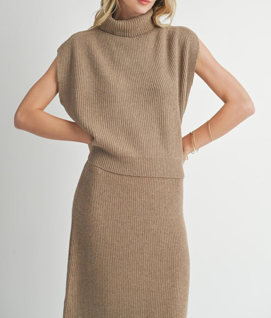 Sadie & Sage, Crosby Ribbed Turtleneck Vest in Dark Taupe - Boutique Dandelion