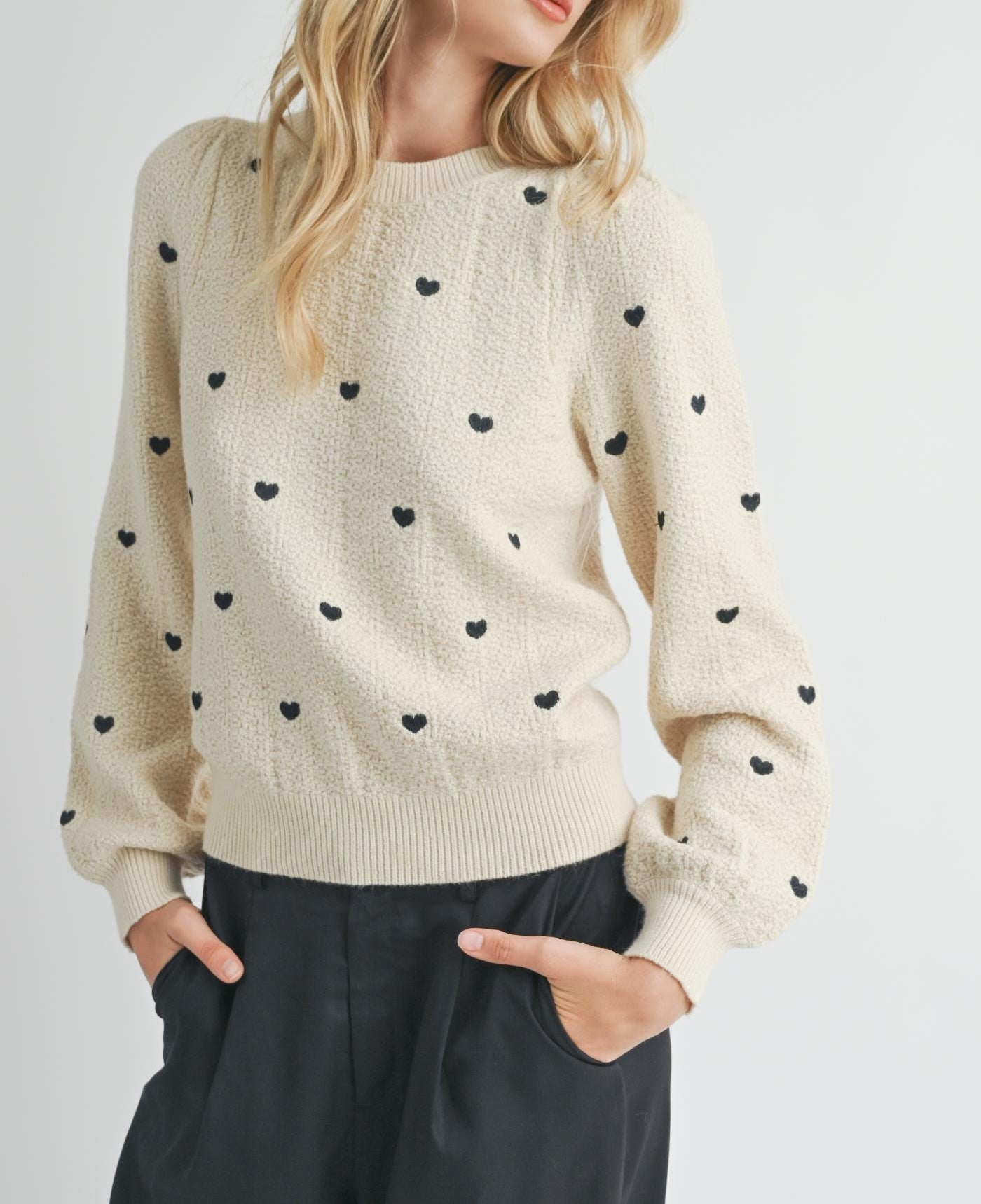 Sadie & Sage, Heart Eyes Embroidered Sweater in Cream - Boutique Dandelion