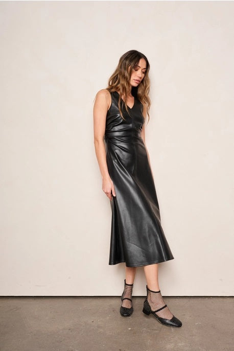 dRA Clothing Los Angeles, Celeste Midi Dress in Jet Black PU Leather - Boutique Dandelion