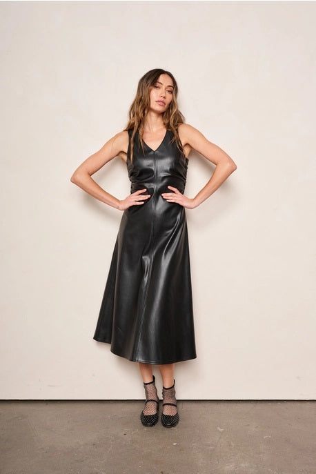 dRA Clothing Los Angeles, Celeste Midi Dress in Jet Black PU Leather - Boutique Dandelion