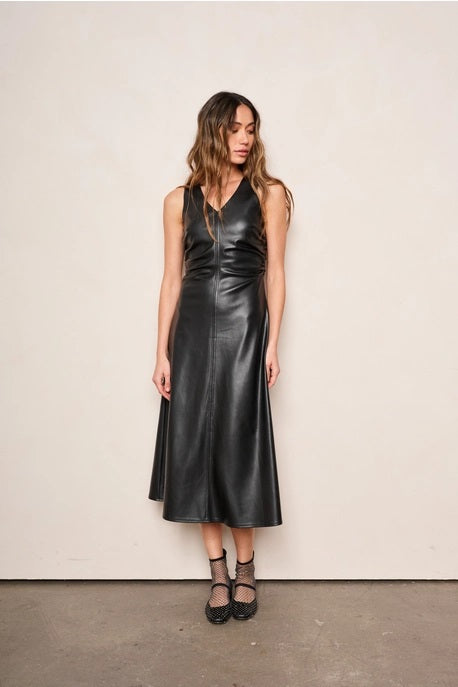 dRA Clothing Los Angeles, Celeste Midi Dress in Jet Black PU Leather - Boutique Dandelion