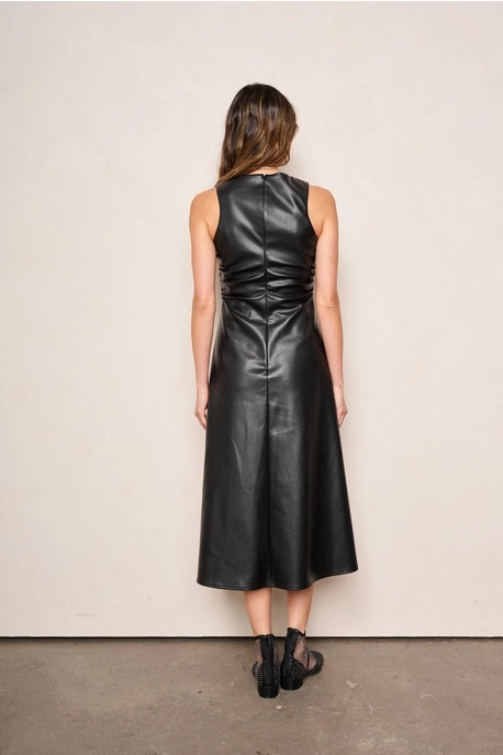 dRA Clothing Los Angeles, Celeste Midi Dress in Jet Black PU Leather - Boutique Dandelion