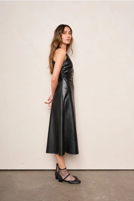 dRA Clothing Los Angeles, Celeste Midi Dress in Jet Black PU Leather - Boutique Dandelion