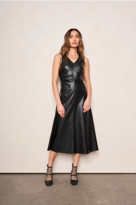 dRA Clothing Los Angeles, Celeste Midi Dress in Jet Black PU Leather - Boutique Dandelion