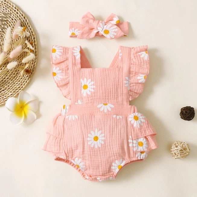 Cotton Daisy Print Baby Romper Headband Set