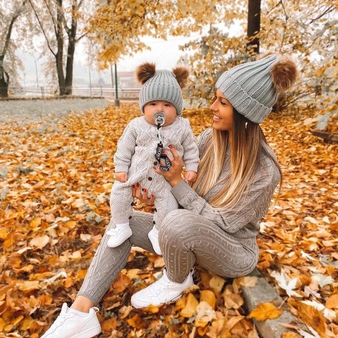 Mommy and Me Double Pom Pom Knitted Beanie Hats