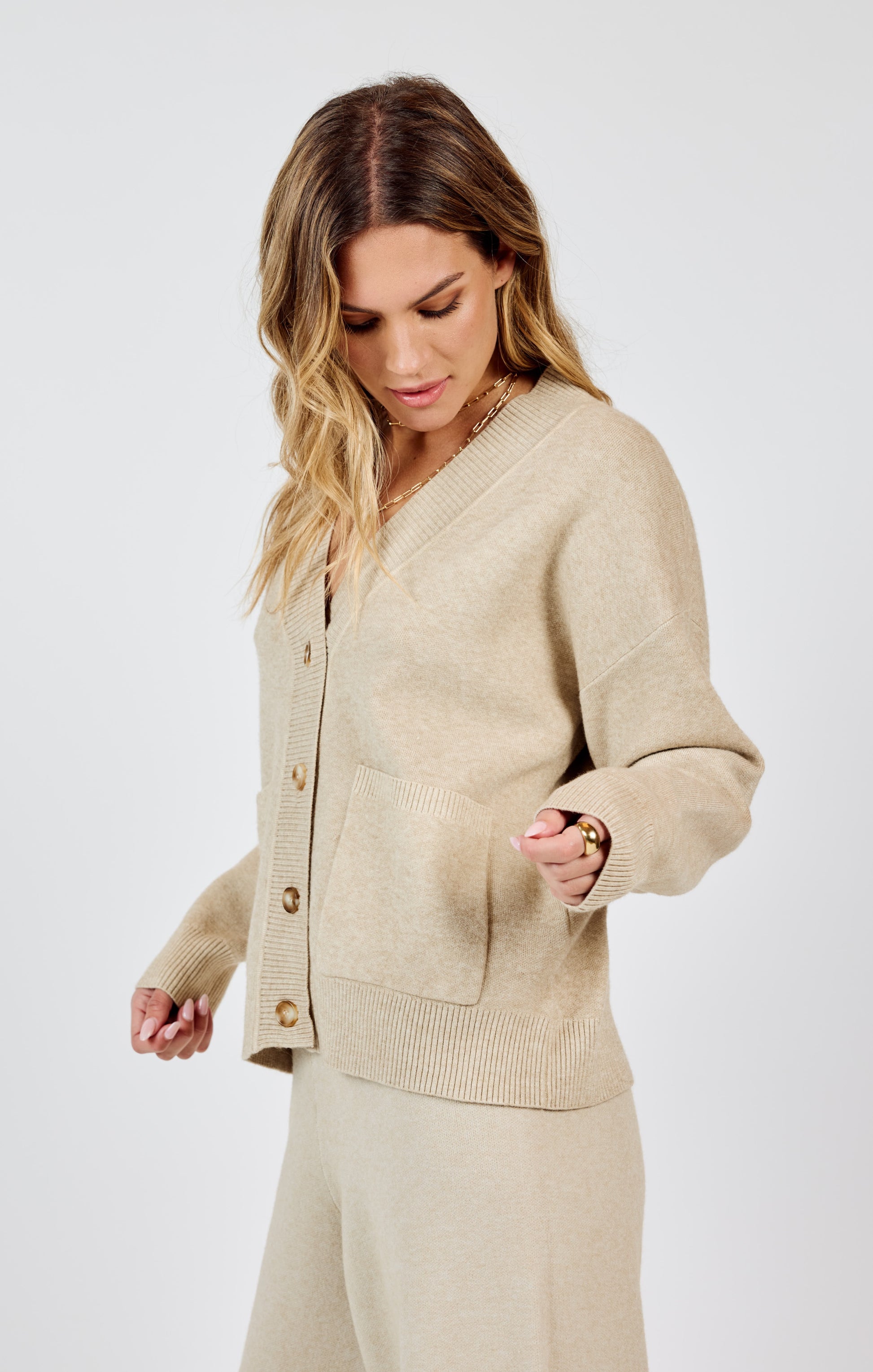 Sadie & Sage, Kelsie Button Front Cardigan With Pockets in Stone - Boutique Dandelion