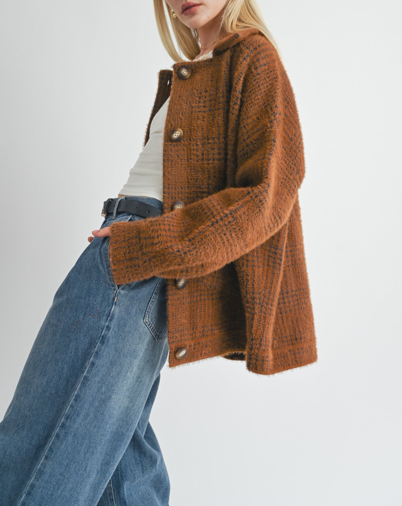 Sage The Label, Lola Plaid Sweater Jacket in Brown Black - Boutique Dandelion