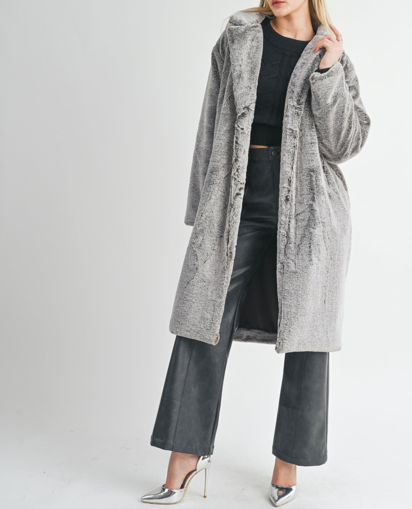 Sage The Label, Daring 2 Tone Vegan Fur Coat in Grey Brown - Boutique Dandelion