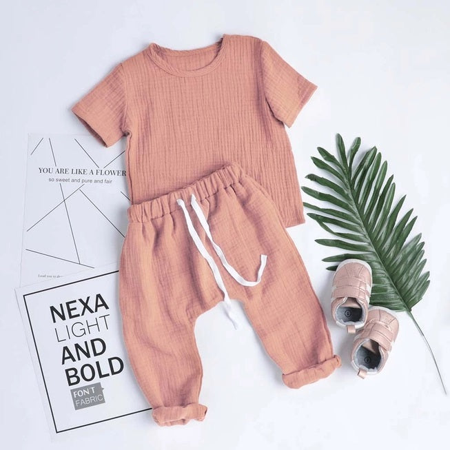 Linen Short Sleeve Top and Pant Set for Baby Toddler