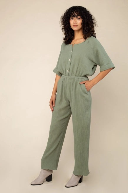 NLT, Millie Button Up Cotton Gauze Jumpsuit with Side Pockets in Sage - Boutique Dandelion
