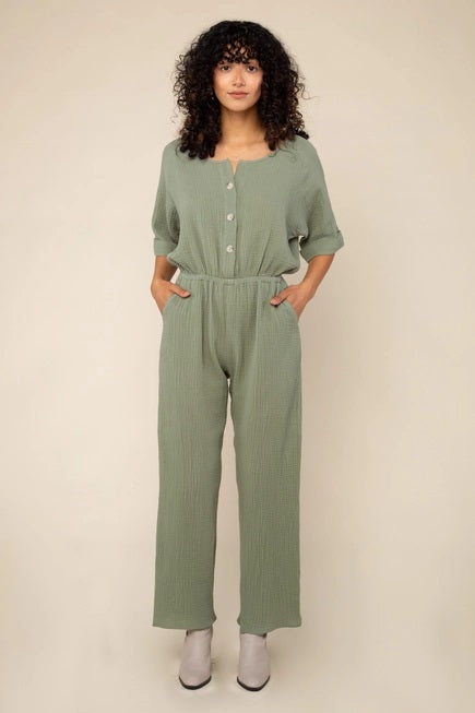 NLT, Millie Button Up Cotton Gauze Jumpsuit with Side Pockets in Sage - Boutique Dandelion