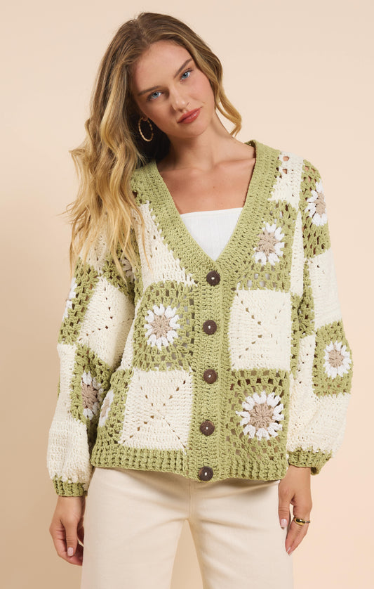 Sadie & Sage, Myriam Daisy Crochet Cardigan in Ivory Green - Boutique Dandelion