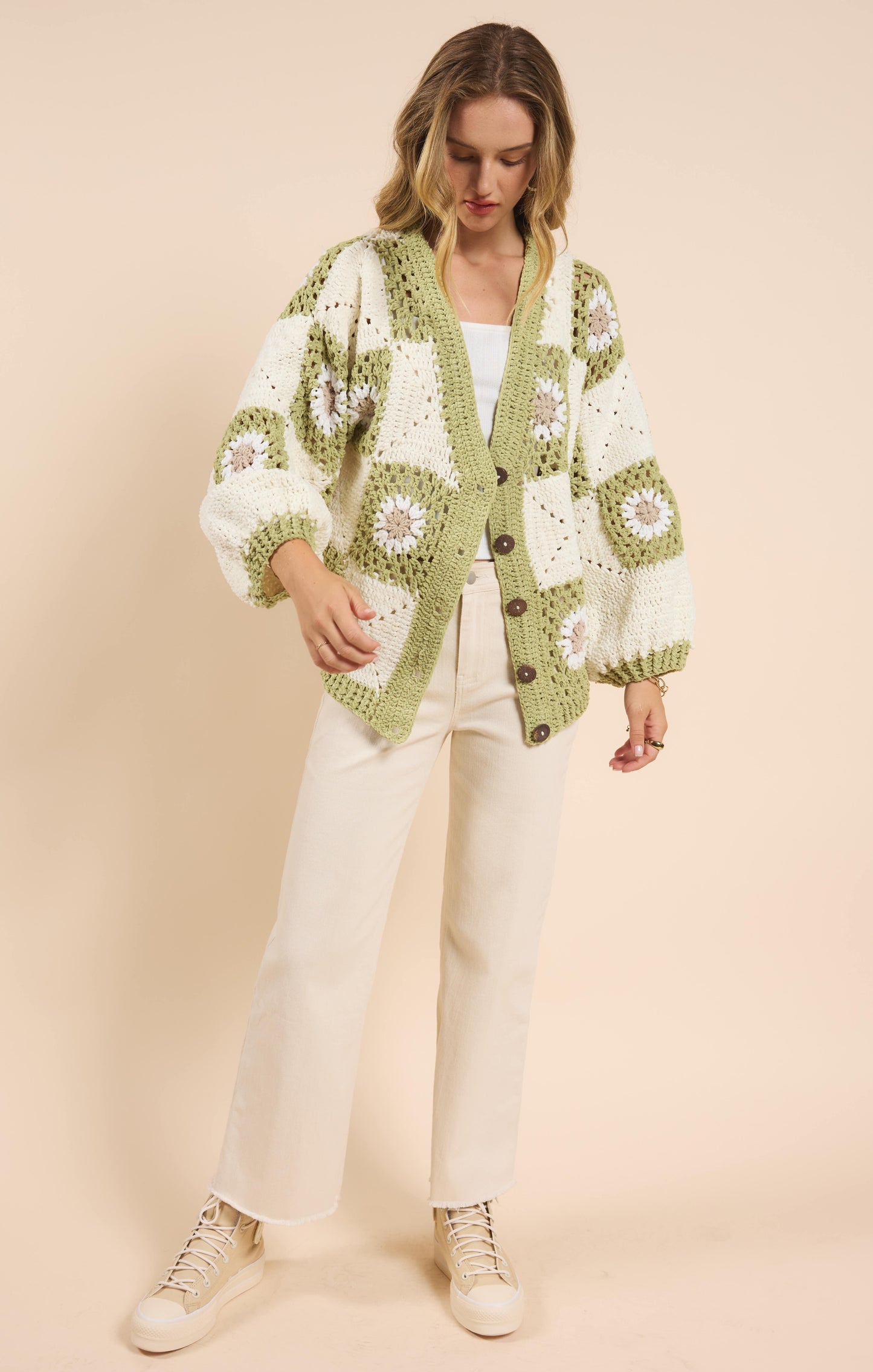 Sadie & Sage, Myriam Daisy Crochet Cardigan in Ivory Green - Boutique Dandelion