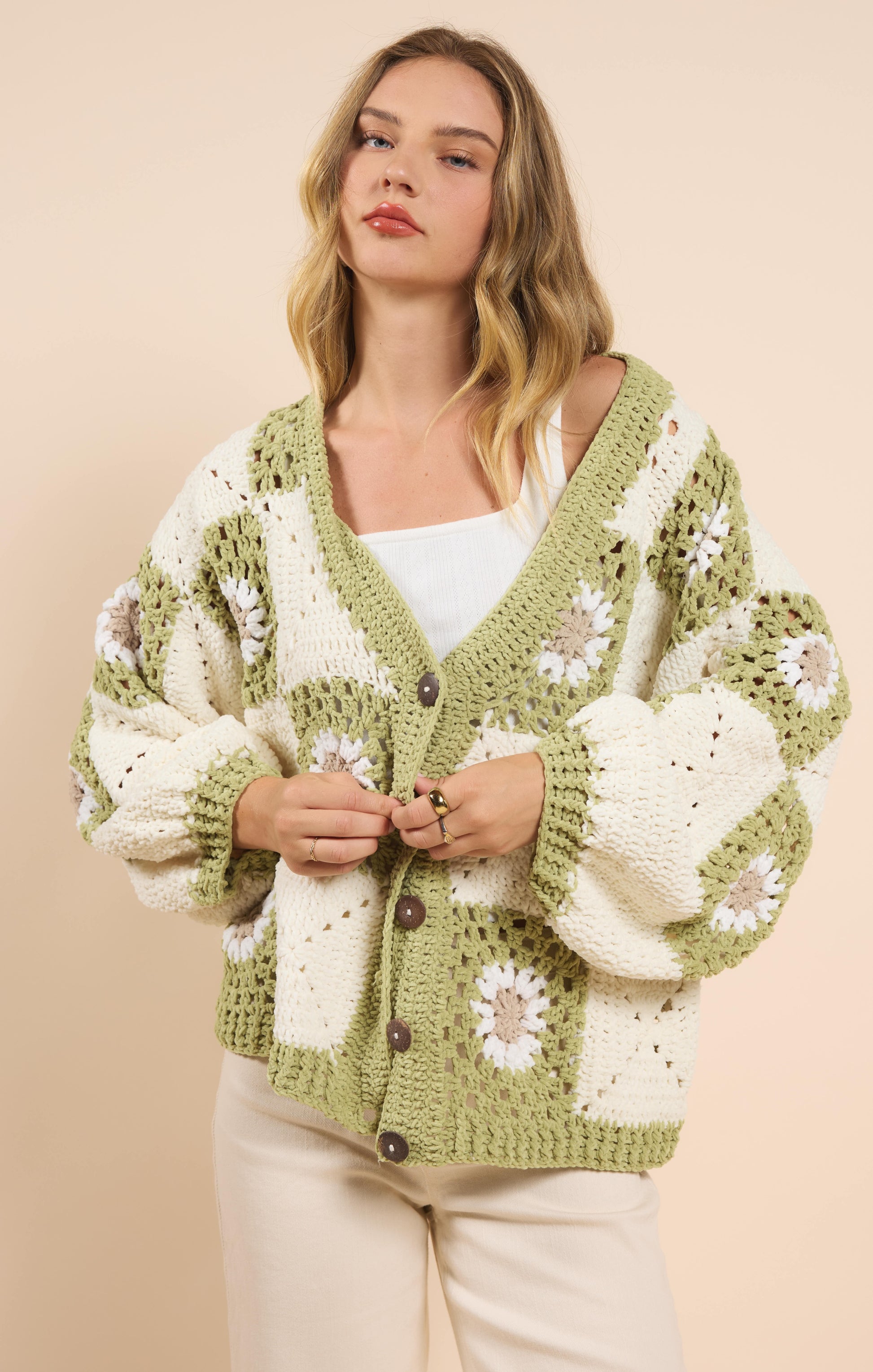 Sadie & Sage, Myriam Daisy Crochet Cardigan in Ivory Green - Boutique Dandelion