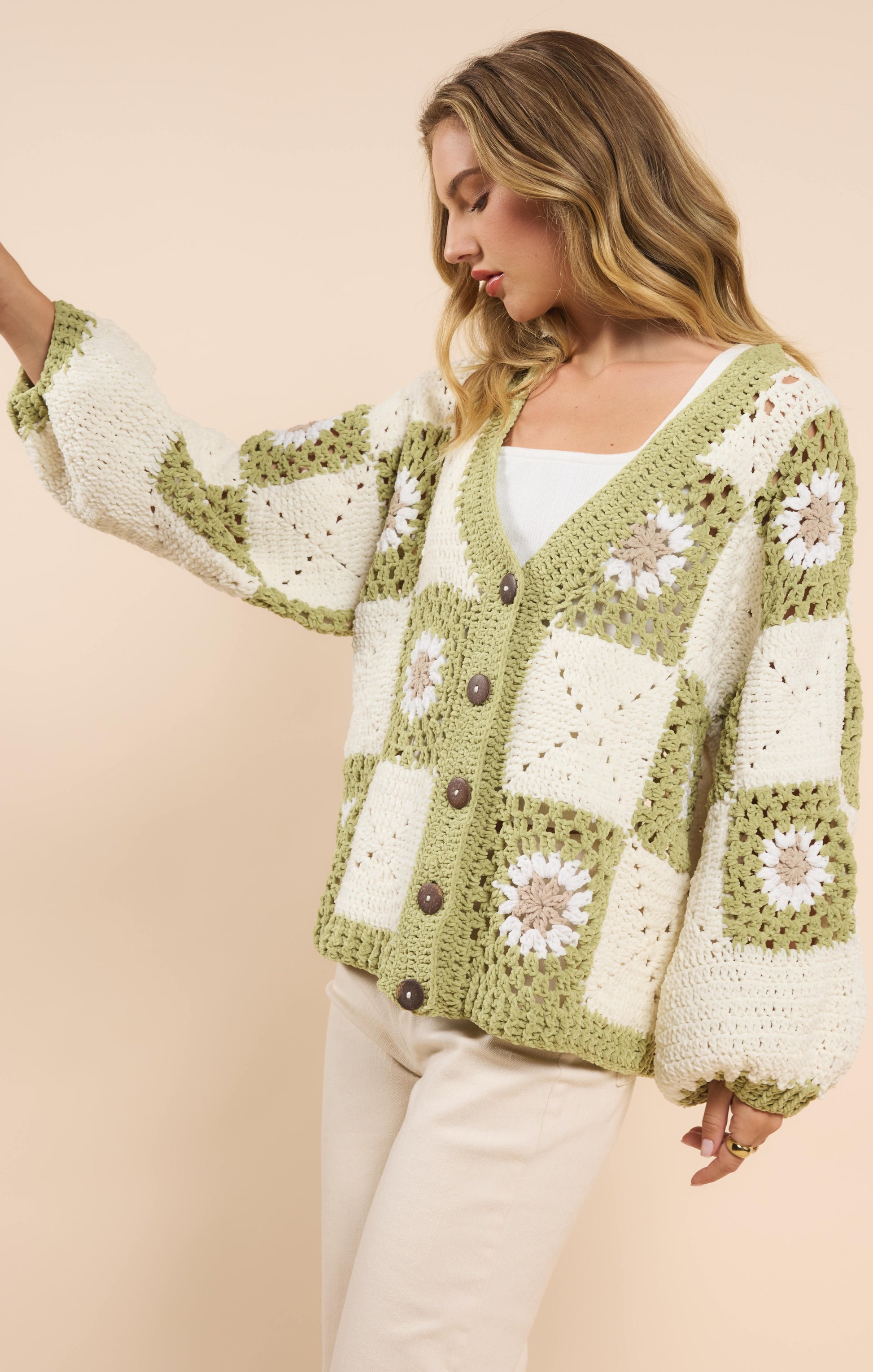 Sadie & Sage, Myriam Daisy Crochet Cardigan in Ivory Green - Boutique Dandelion