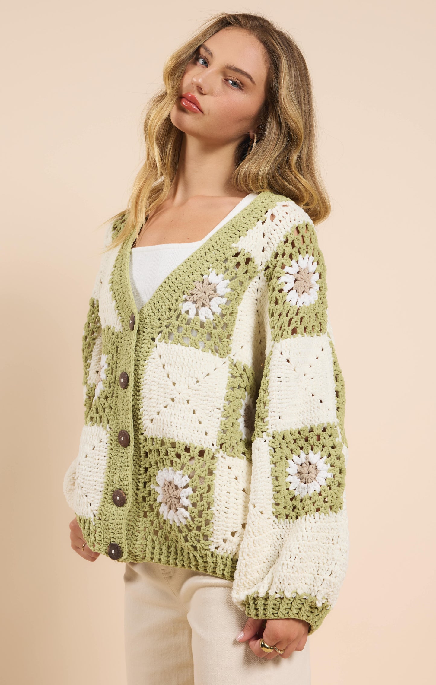 Sadie & Sage, Myriam Daisy Crochet Cardigan in Ivory Green - Boutique Dandelion