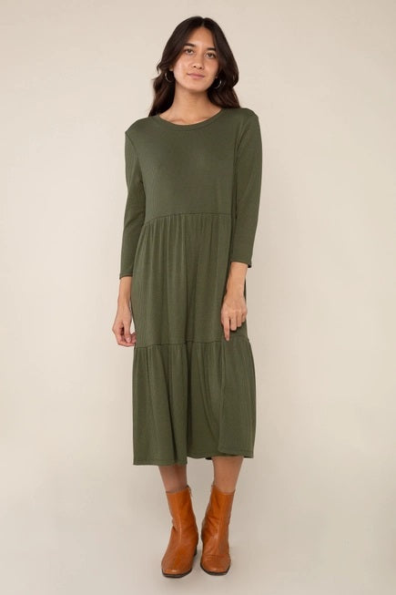 NLT, Lacy Tiered Midi Rib 3/4 Sleeve Dress in Olive - Plus Extended Size - Boutique Dandelion
