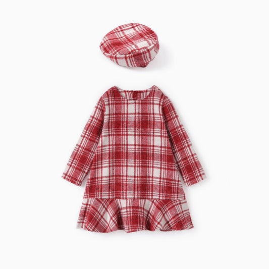 Plaid Ruffled Hem Dress With Matching Hat For Toddler Girl