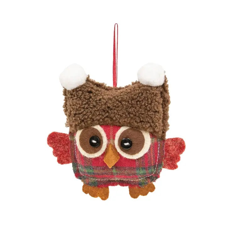 Red Plaid Owl in Jester Hat Ornament