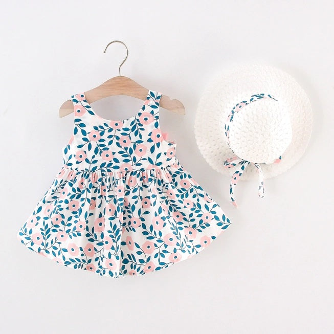 Sleeveless Floral Bow Tie Dress with Matching Hat Set
