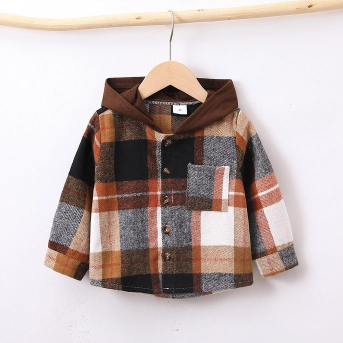 Plaid Button Front Pocket Jacket With Hoodie For Toddler Boy