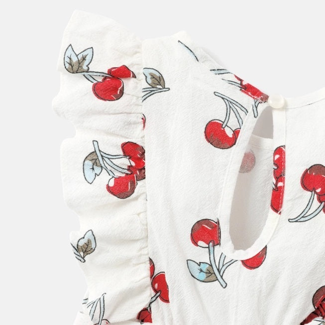 Cotton Cherry Print Belted Romper for Toddler Girls
