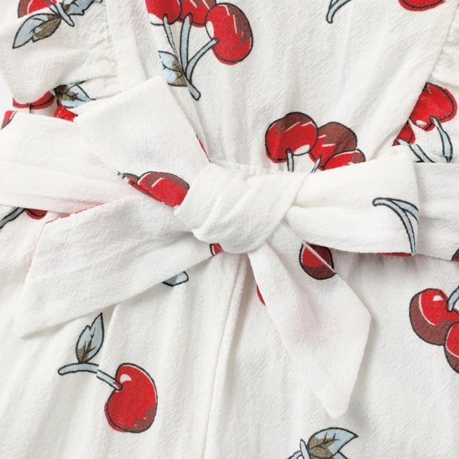 Cotton Cherry Print Belted Romper for Toddler Girls