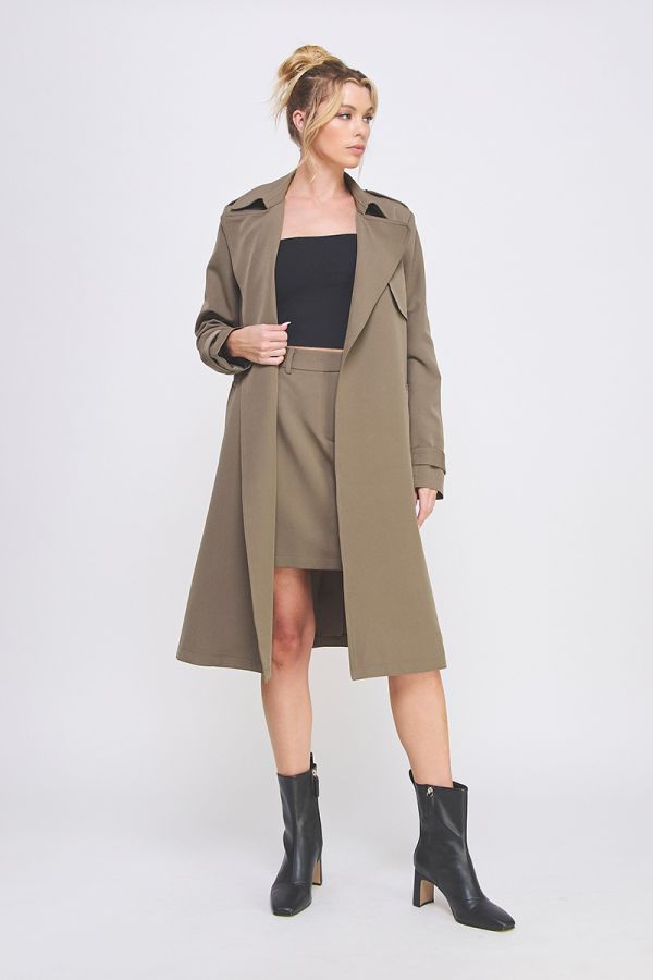 Allie Rose, Open Front Trench Coat With Pockets And Self Tie