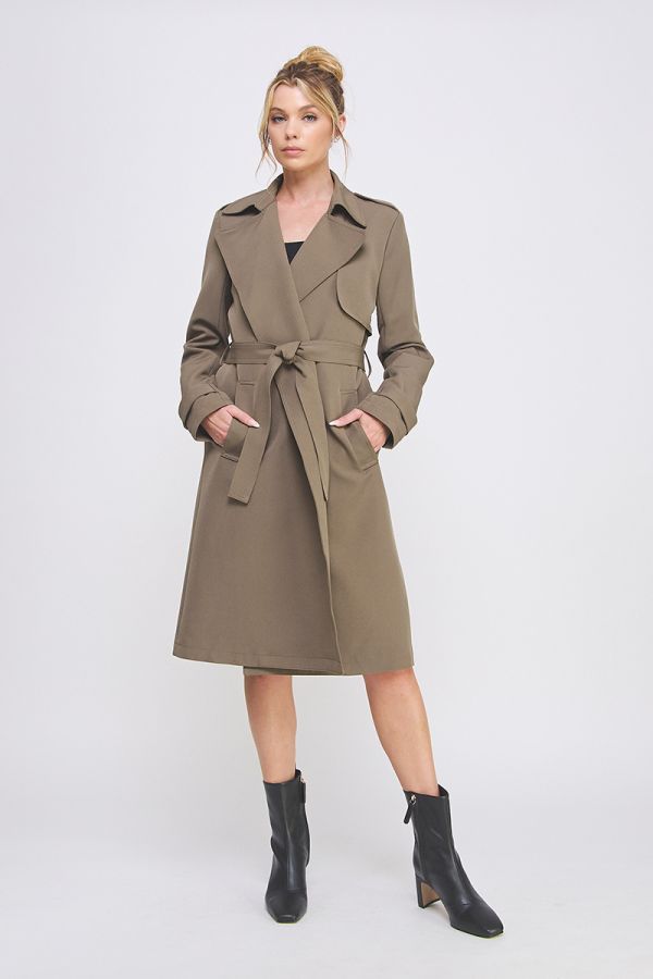 Allie Rose, Open Front Trench Coat With Pockets And Self Tie