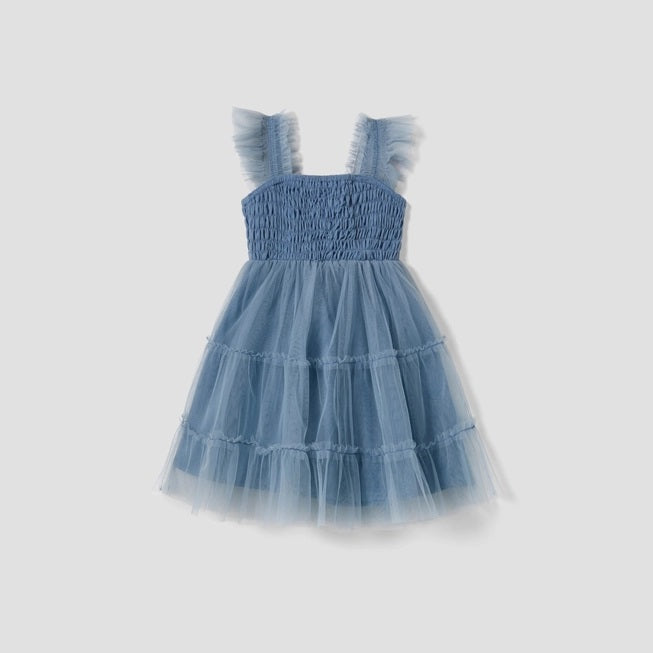 A-Line Tulle Tiered Baby Toddler Dress in Ash Blue - Boutique Dandelion