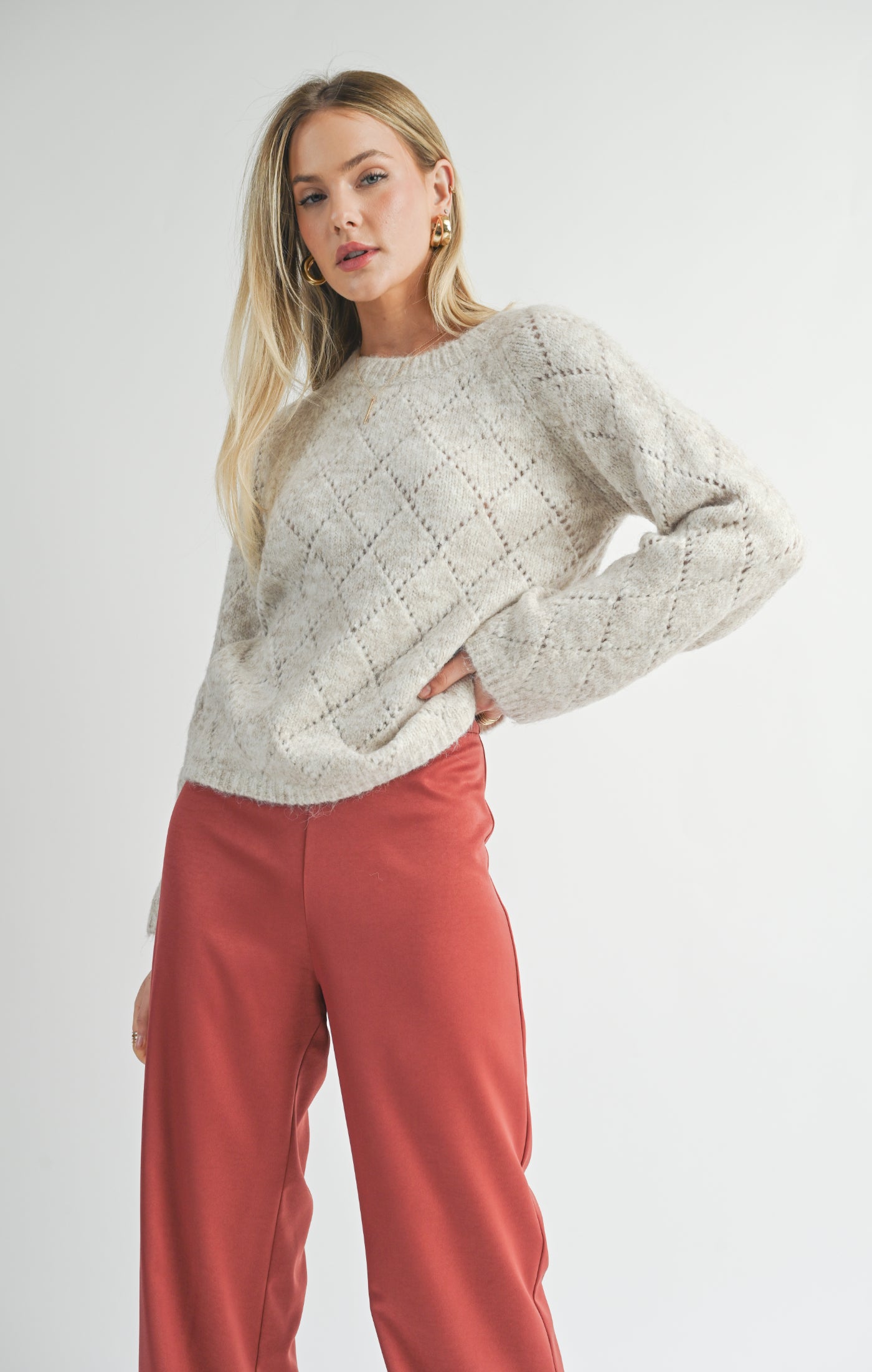 Sage The Label, Irisha Diamond Pointelle Sweater in Oatmeal - Boutique Dandelion