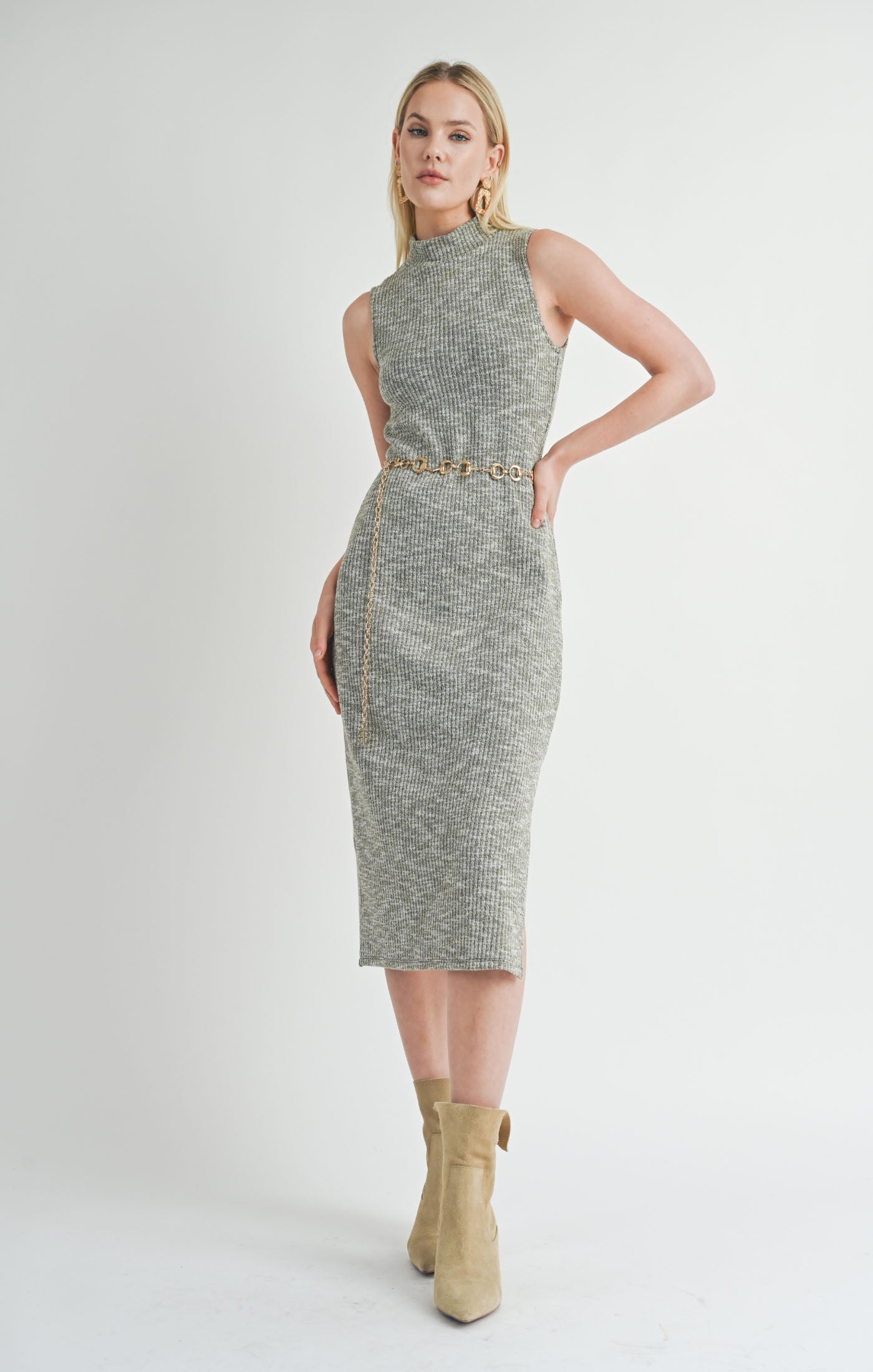 Sage The Label, On The Path Turtleneck Midi Dress in Olive - Boutique Dandelion