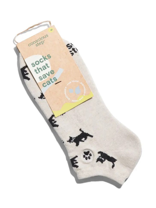 Conscious Step, Ankle Socks That Save Cats - Prancing Paws Beige Black Cats - Boutique Dandelion