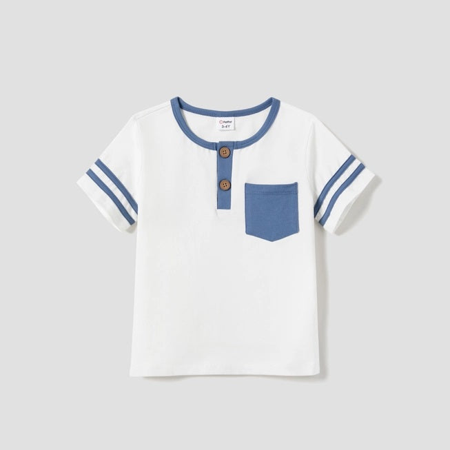 Toddler Boy Button White Tee T-Shirt with Front Blue Pocket Stripe Sleeves - Boutique Dandelion