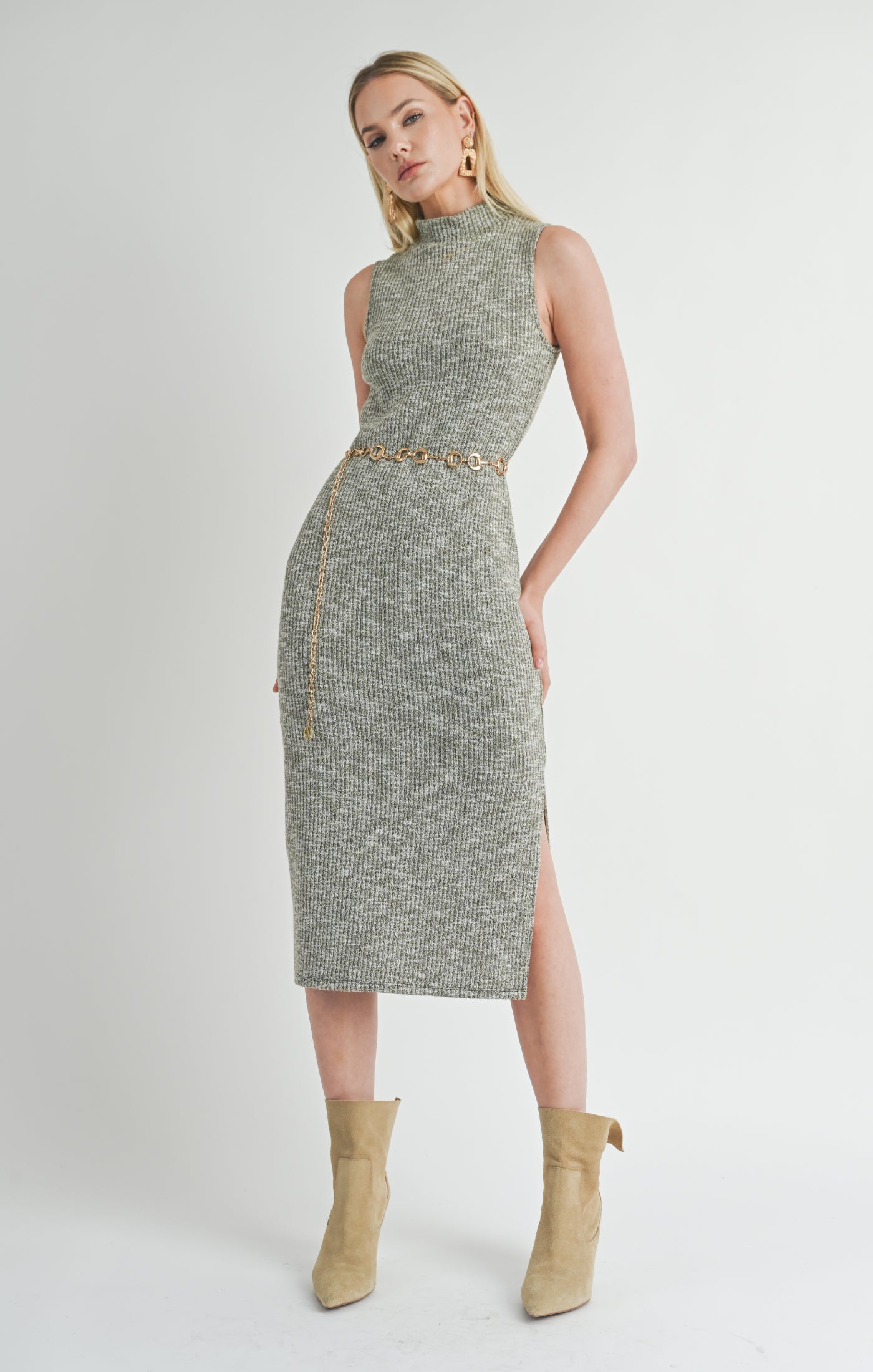 Sage The Label, On The Path Turtleneck Midi Dress in Olive - Boutique Dandelion