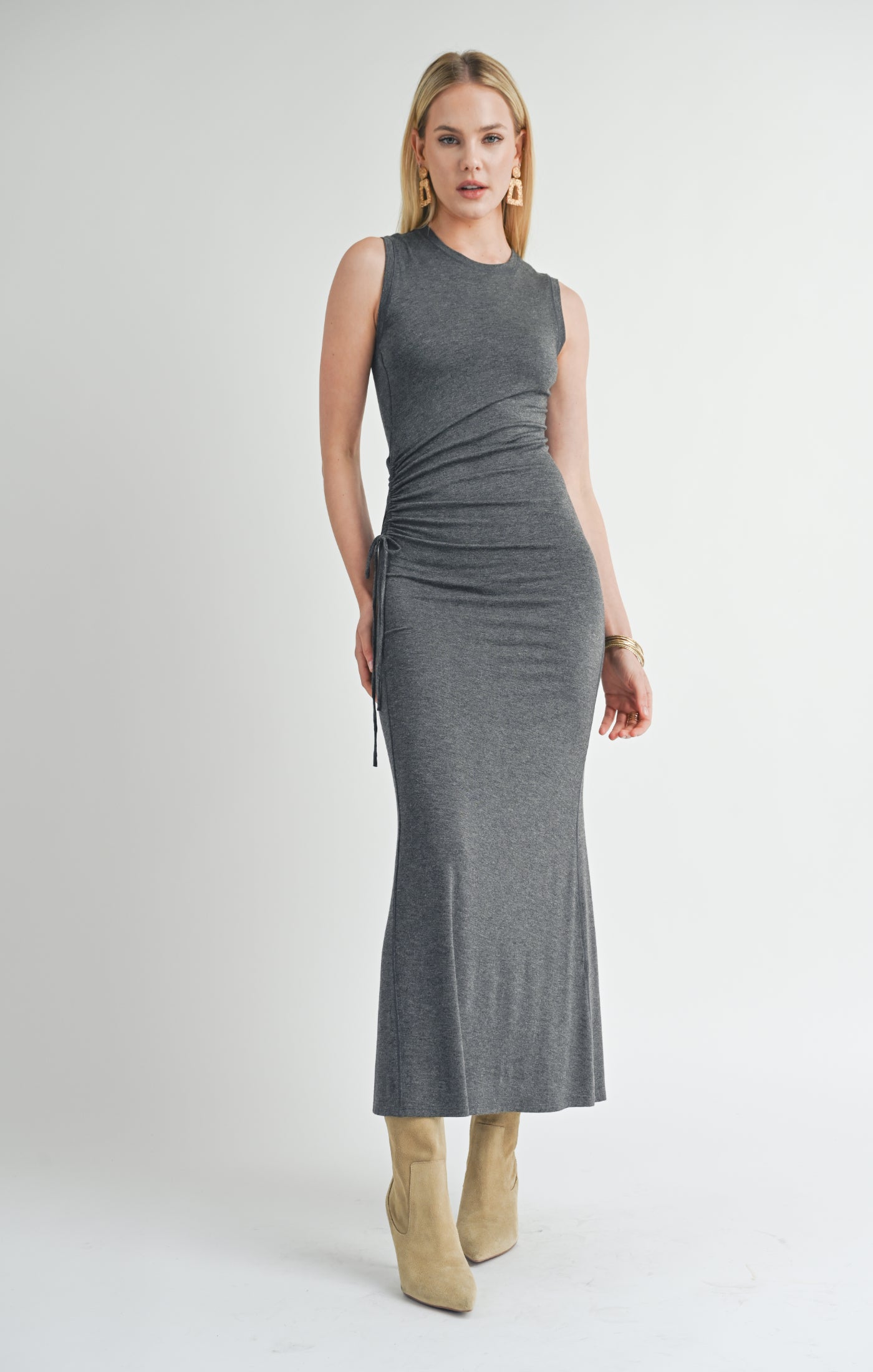 Sage The Label, Time Alone Side Ruched Maxi Dress in Charcoal - Boutique Dandelion