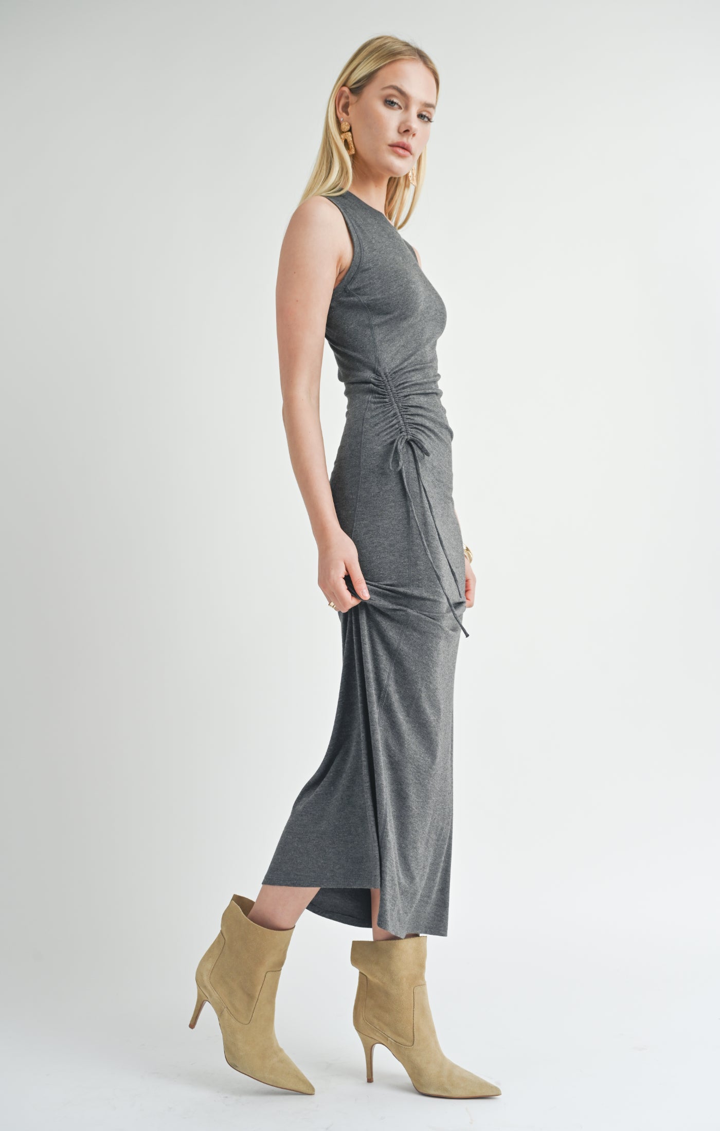 Sage The Label, Time Alone Side Ruched Maxi Dress in Charcoal - Boutique Dandelion