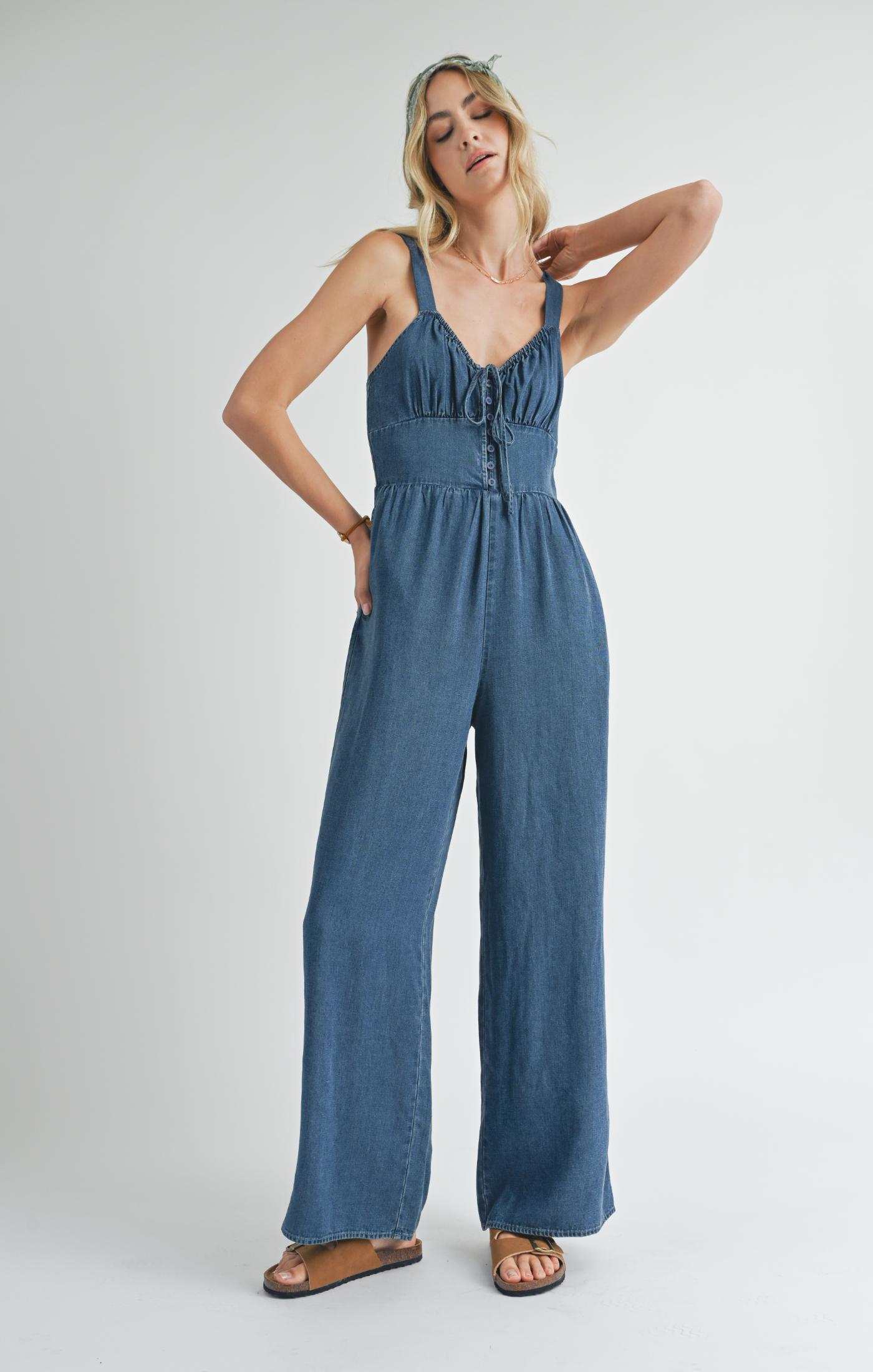 Sadie & Sage, Archives Button Front Jumpsuit in Dark Chambray - Boutique Dandelion