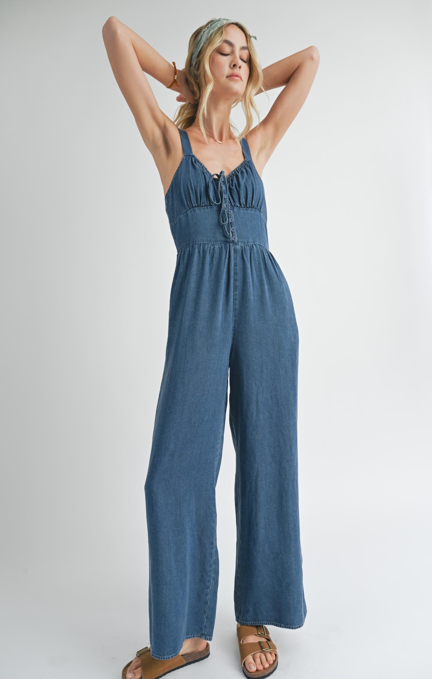 Sadie & Sage, Archives Button Front Jumpsuit in Dark Chambray - Boutique Dandelion