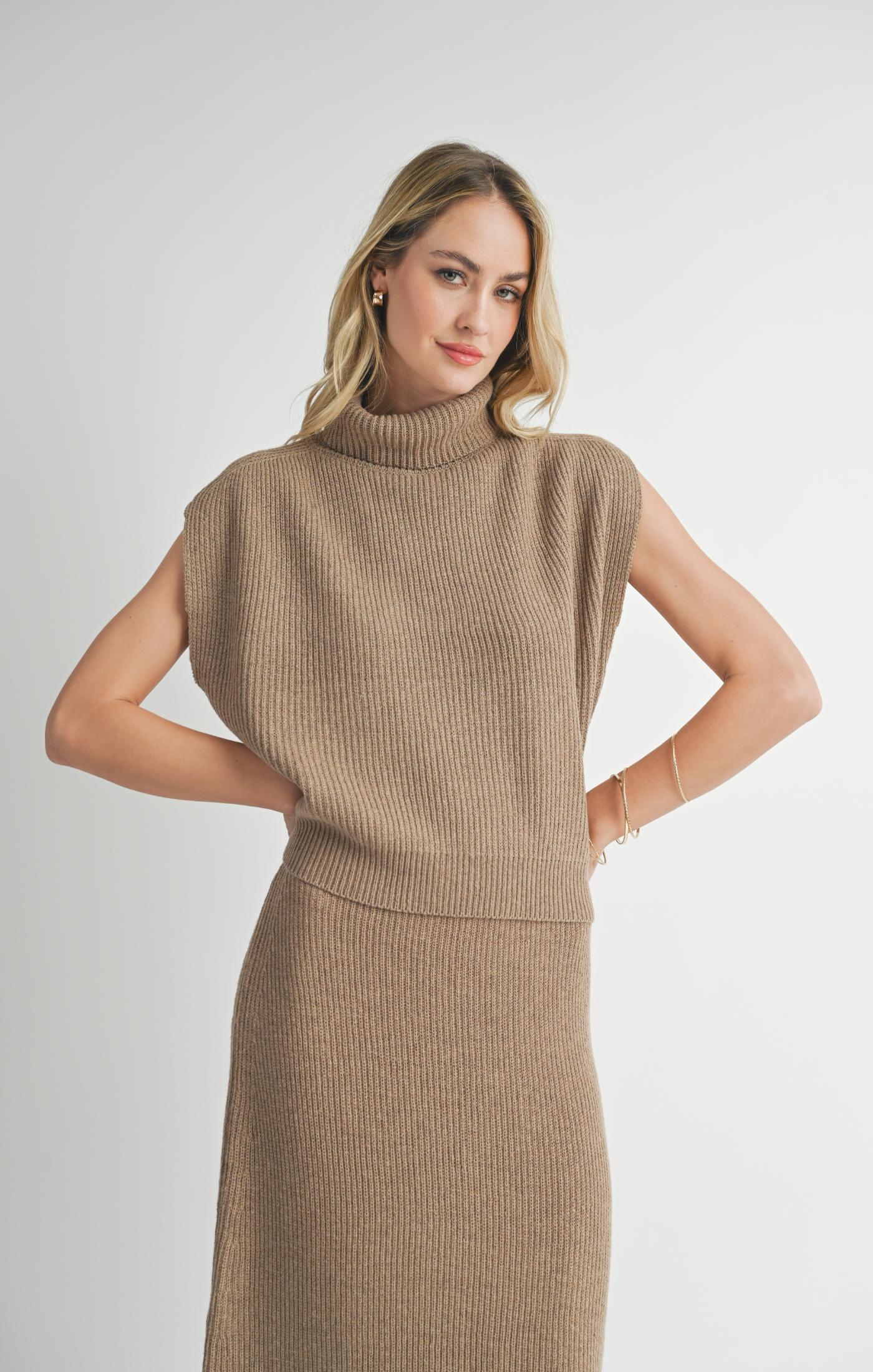 Sadie & Sage, Crosby Ribbed Turtleneck Vest in Dark Taupe - Boutique Dandelion