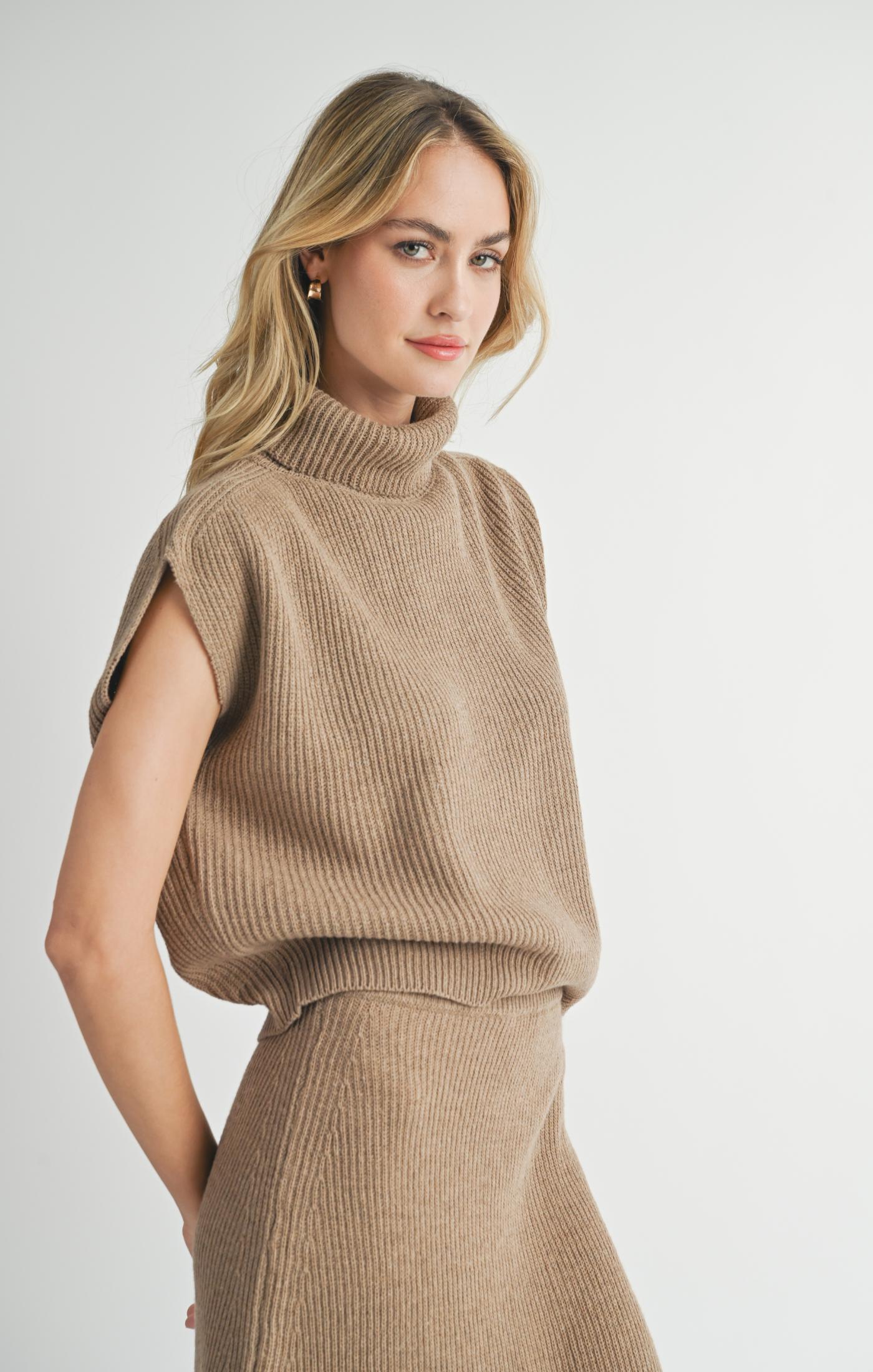 Sadie & Sage, Crosby Ribbed Turtleneck Vest in Dark Taupe - Boutique Dandelion